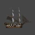 Wooden Sailing Ship With Multiple White Sails And Detailed Hull Structure