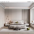 Modern Bedroom Interior With Comfortable Bed Nightstands Pendant Lights And Green Plants