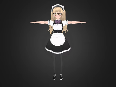 Anime Character with Blonde Hair and Glasses in Maid Costume Arms Outstretched 3d model