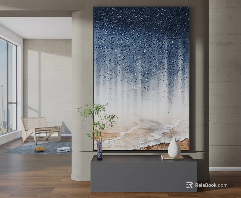 Modern Interior With Large Beach Themed Painting And Decor 3d model