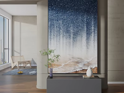 Modern Interior With Large Beach Themed Painting And Decor 3d model