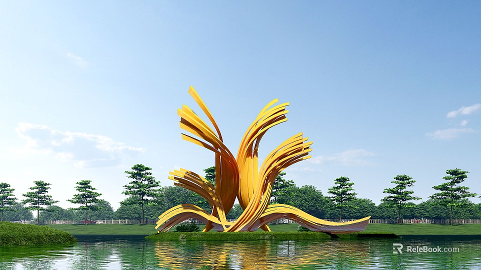 Golden Leaf Shaped Spiritual Fortress by Water with Green Trees and Blue Sky 3d model 