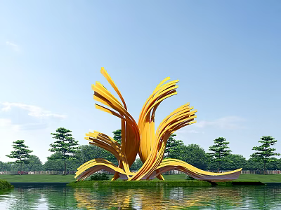 Golden Leaf Shaped Spiritual Fortress by Water with Green Trees and Blue Sky 3d model