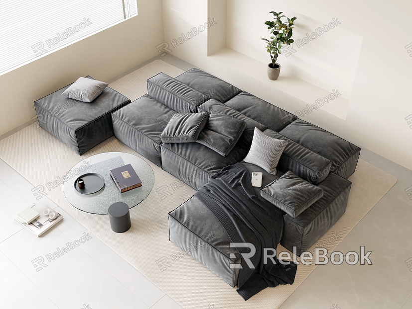 Bean curd block combination sofa fabric multi-person sofa back-to-back combination sofa pillow glass coffee table carpet vase potted water cup tray books model