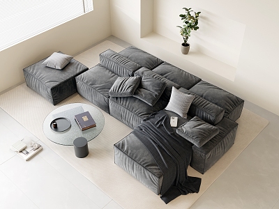 Bean curd block combination sofa fabric multi-person sofa back-to-back combination sofa pillow glass coffee table carpet vase potted water cup tray books model