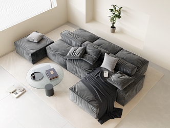 Bean curd block combination sofa fabric multi-person sofa back-to-back combination sofa pillow glass coffee table carpet vase potted water cup tray books 3d model