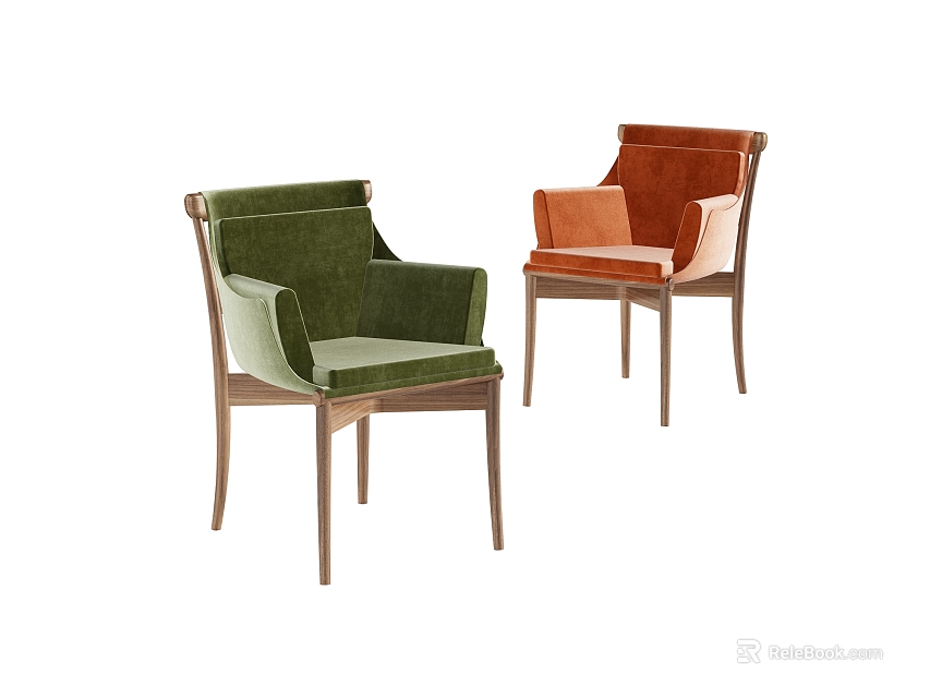 Green and Orange Velvet Upholstered Dining Chairs with Wooden Legs Modern Design 3d model 