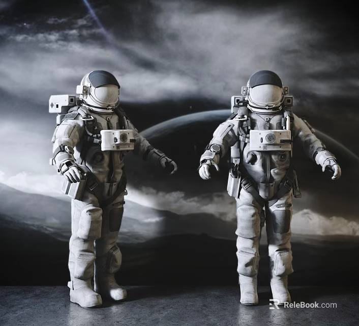 Men in Spacesuits Standing Against Space Background With Planets and Clouds 3d model 