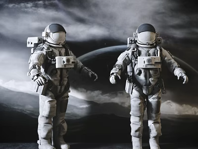 Men in Spacesuits Standing Against Space Background With Planets and Clouds 3d model
