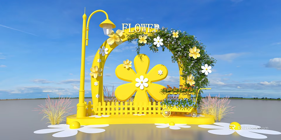 Flower Themed Photo Spot With Yellow Arch FLOWER Sign And Floral Decorations 3d model 