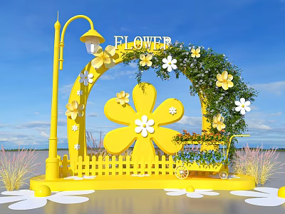Flower Themed Photo Spot With Yellow Arch FLOWER Sign And Floral Decorations 3d model