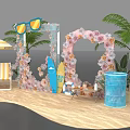 Floral Installation For Beach Scene With Striped Chairs Umbrella Palm Trees And Surfboard