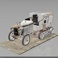 Vintage White Tracked Vehicle Model With Wooden Details And Display Base On Gray Background