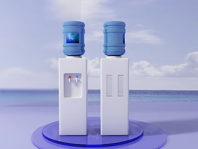 White Water Dispensers With Blue Water Bottles Displayed On Blue Circular Platform 3d model