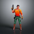 Game And Movie Character Wearing Orange Shirt Green Pants Holding Gun With Tool Belt