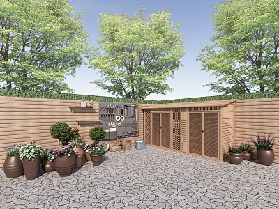 Courtyard Garden With Wooden Fence Flagstone Patio Trees And Potted Plants 3d model