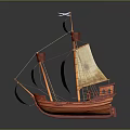 Vintage Wooden Ship With Orange Hull White Sails Sun Patterns And Red Flags