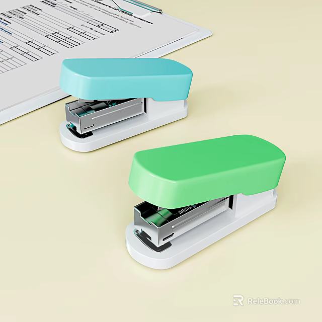 Blue And Green Staplers With White Base On Desk Near Keyboard 3d model 