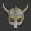 Viking Warrior Helmet Silver Metal Design With Golden Horns And Ornate Carvings