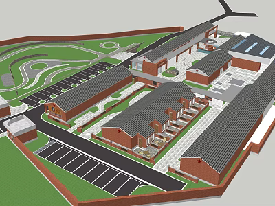 Red Brick Museum Building With Connected Structures Parking Lot And Green Courtyard 3d model