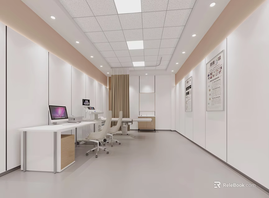 Modern Office Interior With White Walls Ceiling Lights Desks And Wall Posters 3d model 