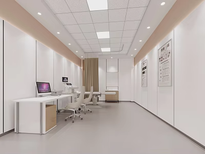 Modern Office Interior With White Walls Ceiling Lights Desks And Wall Posters 3d model