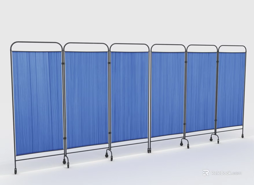 Blue Folding Room Screen With Six Panels Metal Frame And Wheels 3d model