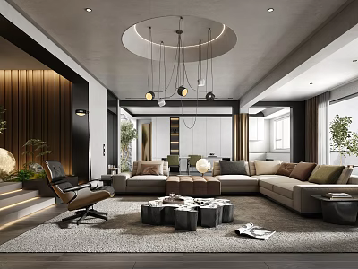 Modern Living Room Interior With Sofa Accent Chair Coffee Tables Rug And Wooden Wall 3d model