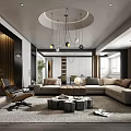 Modern Living Room Interior With Sofa Accent Chair Coffee Tables Rug And Wooden Wall