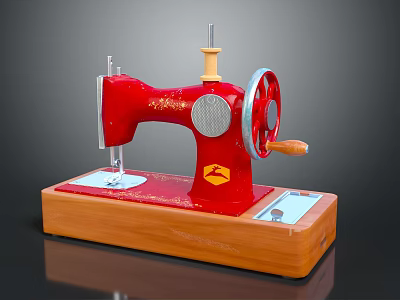 Classic Vintage Red Sewing Machine With Wooden Base And Rotary Wheel 3d model