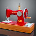 Classic Vintage Red Sewing Machine With Wooden Base And Rotary Wheel