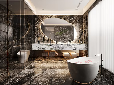 Modern Luxurious Bathroom Interior Design With Marble Walls Round Mirror And Freestanding Bathtub 3d model