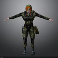 Female Character In Camouflage Uniform With Red Hair Headphones Backpack Arms Outstretched Gray Background