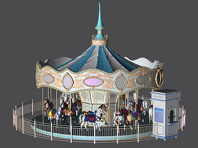 Classic Carousel Play Equipment With Blue White Canopy Golden Decorations And Colorful Horses 3d model