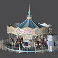 Classic Carousel Play Equipment With Blue White Canopy Golden Decorations And Colorful Horses