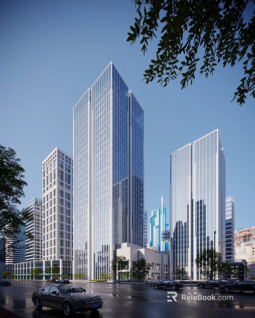 Modern High Rise Office Buildings With Glass Curtain Walls In Urban Cityscape And Trees 3d model