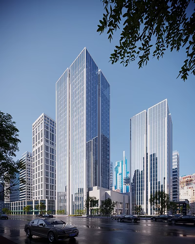 Modern High Rise Office Buildings With Glass Curtain Walls In Urban Cityscape And Trees 3d model