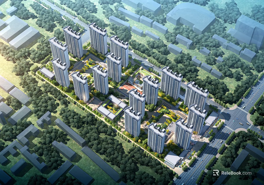 Modern High Rise Office Building Cluster With Green Trees And Aerial View 3d model 