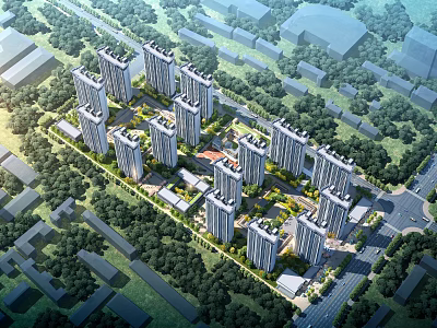 Modern High Rise Office Building Cluster With Green Trees And Aerial View 3d model