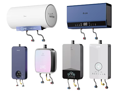 Different Types of Modern Household Water Heaters with Various Colors and Designs 3d model