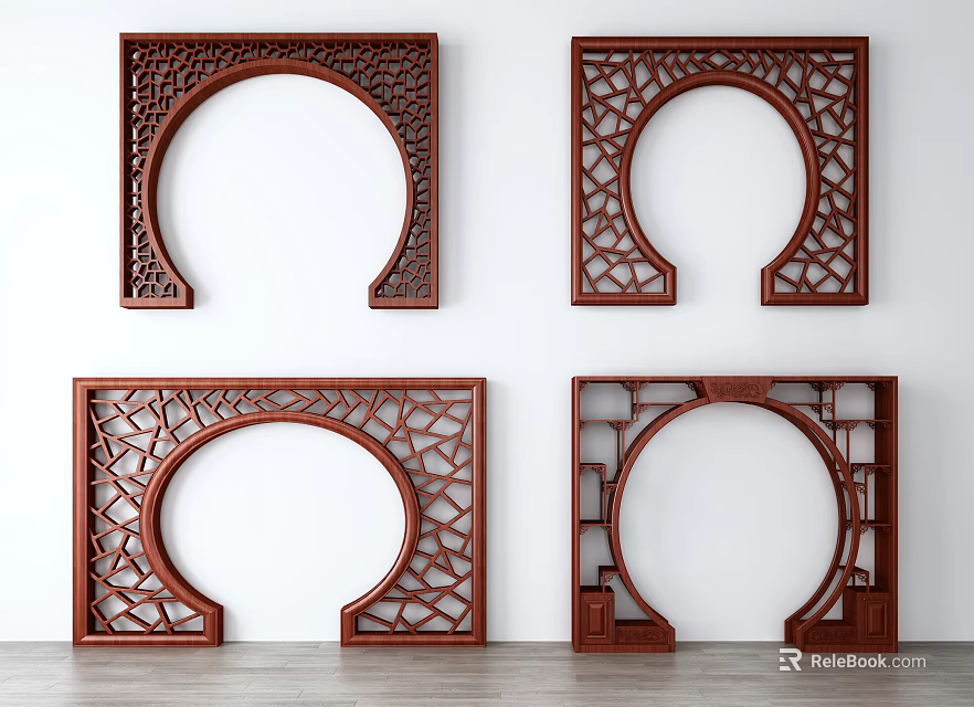 Traditional Chinese Red Intricately Carved Archway Classic Decorative Wall Art Design 3d model 