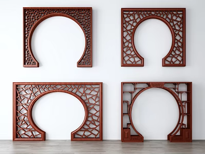 Traditional Chinese Red Intricately Carved Archway Classic Decorative Wall Art Design 3d model