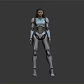 Futuristic Sci Fi Female Character Wearing Blue Black Mechanical Armor Standing