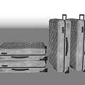 Silver Suitcases Stacked and Upright with Grid Pattern Telescopic Handles and Rolling Wheels 3d model