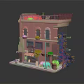 Pink Building Model Featuring Balcony Plants Striped Awning And Orange Trees