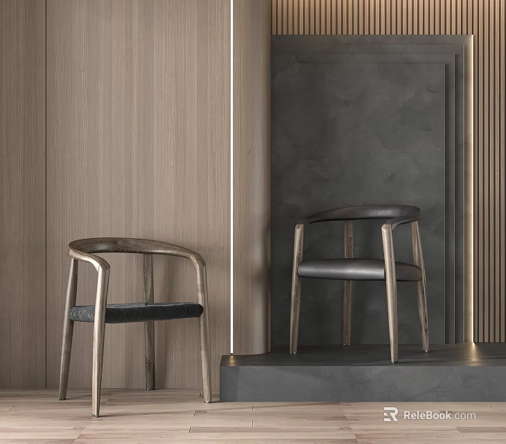 Modern Single Chair Featuring Wooden Frame Black Cushion In Minimalist Interior With Wooden Gray Walls 3d model 