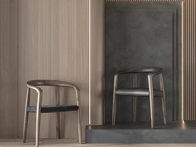 Modern Single Chair Featuring Wooden Frame Black Cushion In Minimalist Interior With Wooden Gray Walls 3d model