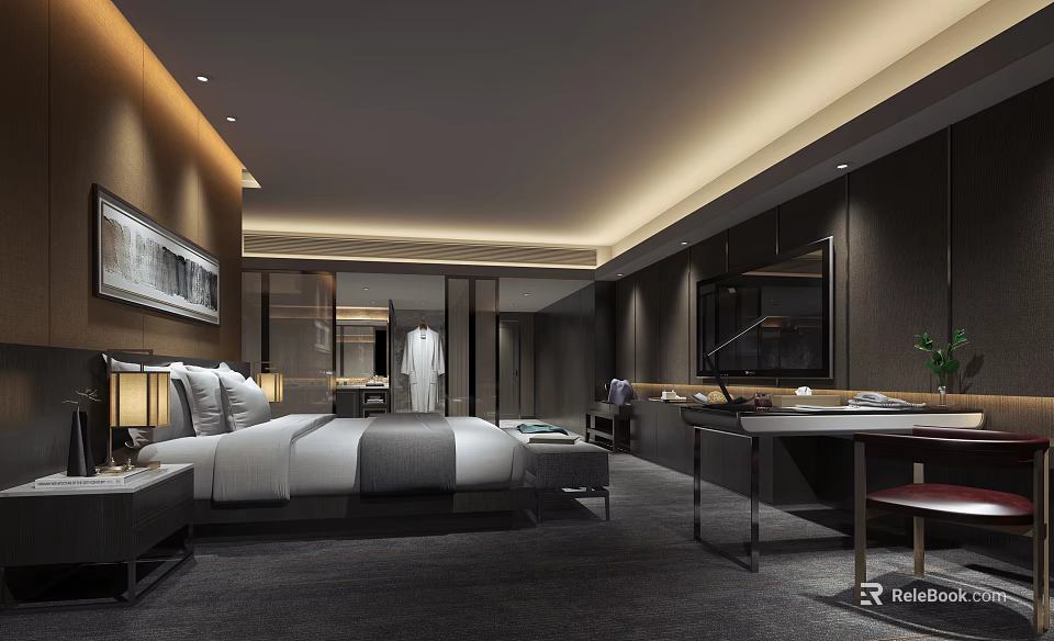 Modern Hotel Guest Room With King Size Bed Nightstand TV And Decorative Painting 3d model 