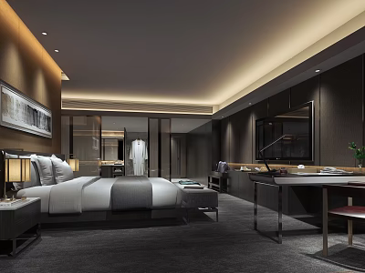 Modern Hotel Guest Room With King Size Bed Nightstand TV And Decorative Painting 3d model