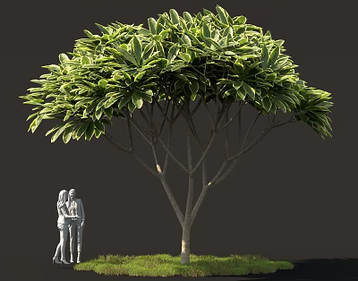 Lush Shrub With White And Green Foliage Brown Trunk Green Grass And Two People Figures 3d model